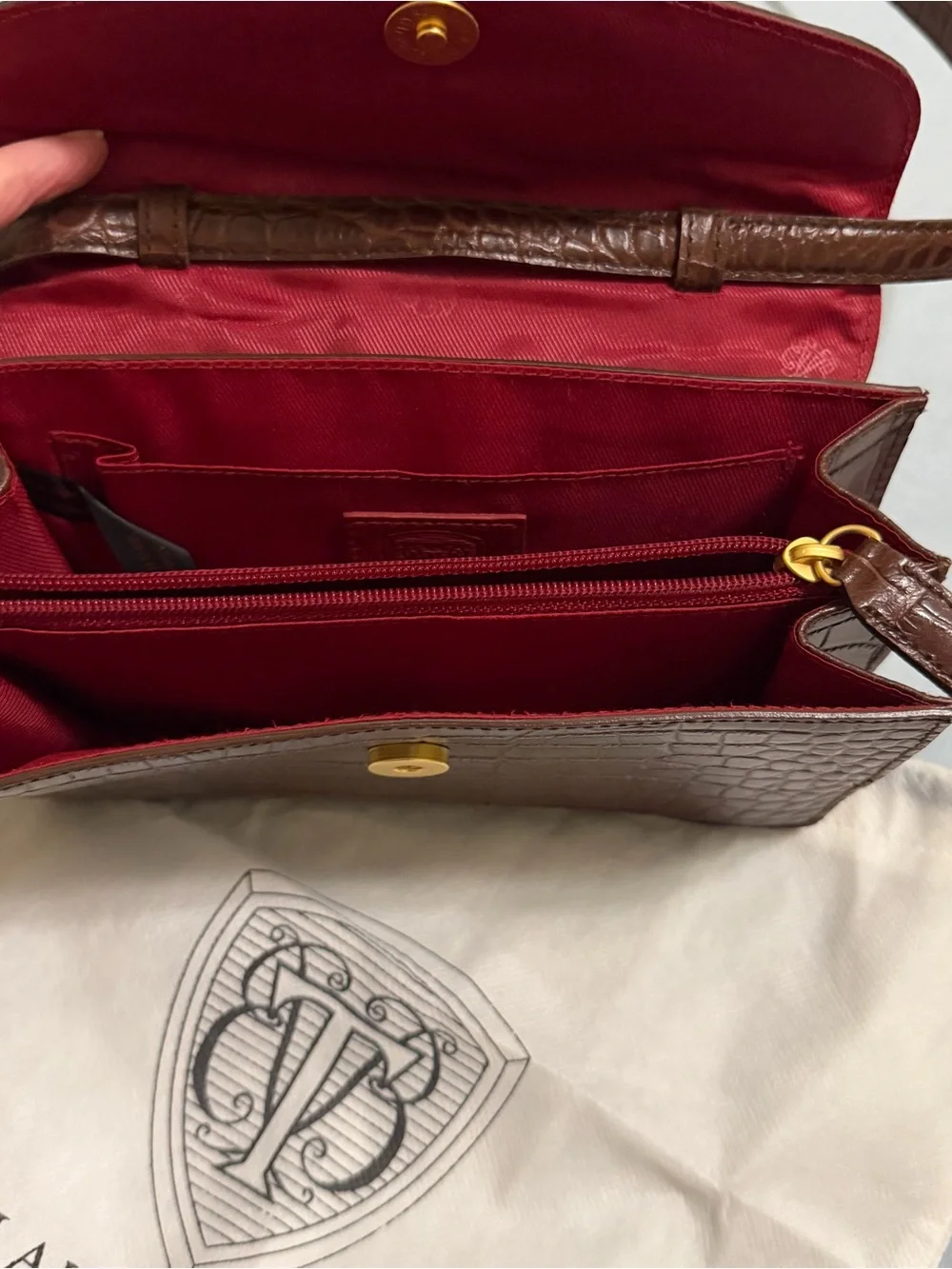 Croc-Embossed Brown Leather Envelope Clutch/Cross Body w/Gold Blaine Trump Logo